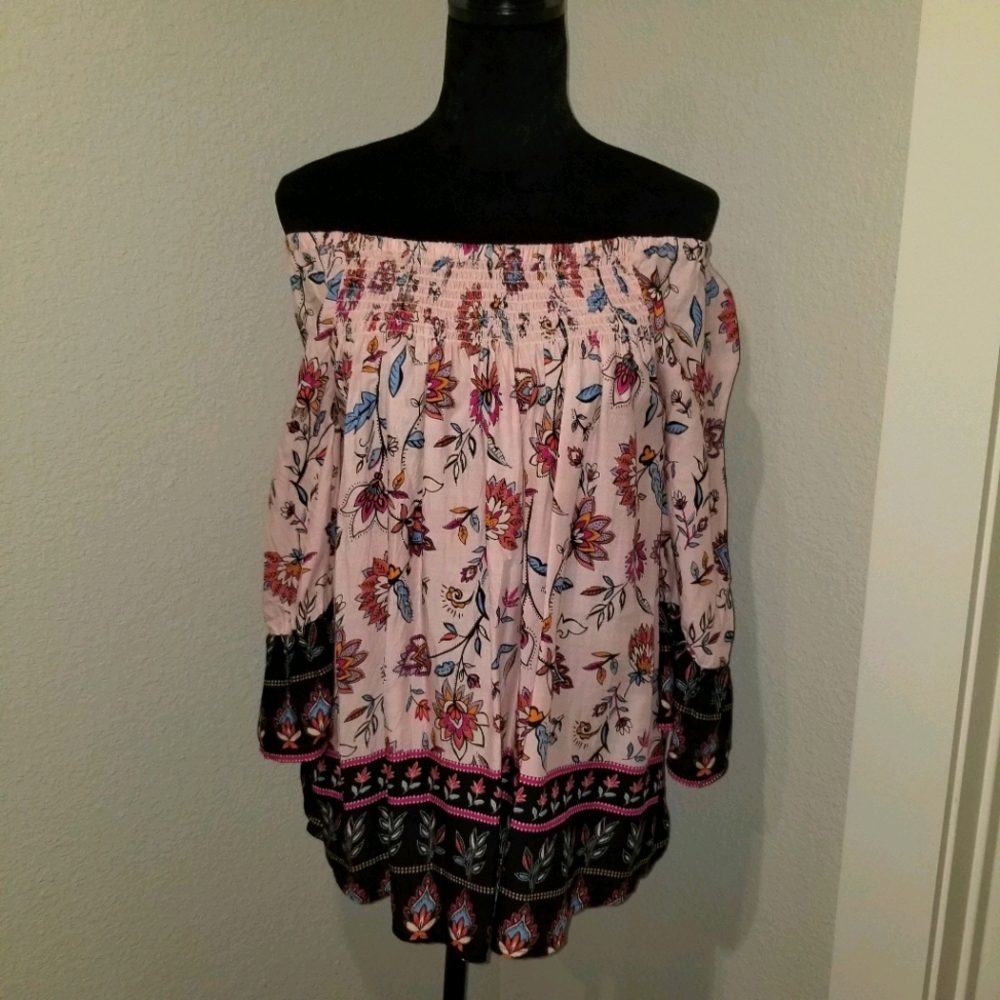 Mixed Print Boho, offf shoulder top~Medium
